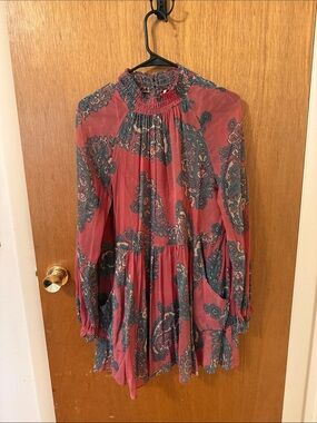 Free People Paisley Smocked-Neck Mini Dress in Rose and Teal